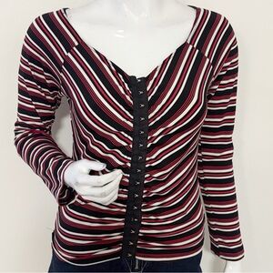 Y2K Euro Brand Derek Striped Hook-and-Eye Long Sleeve Top Black White & Burgundy